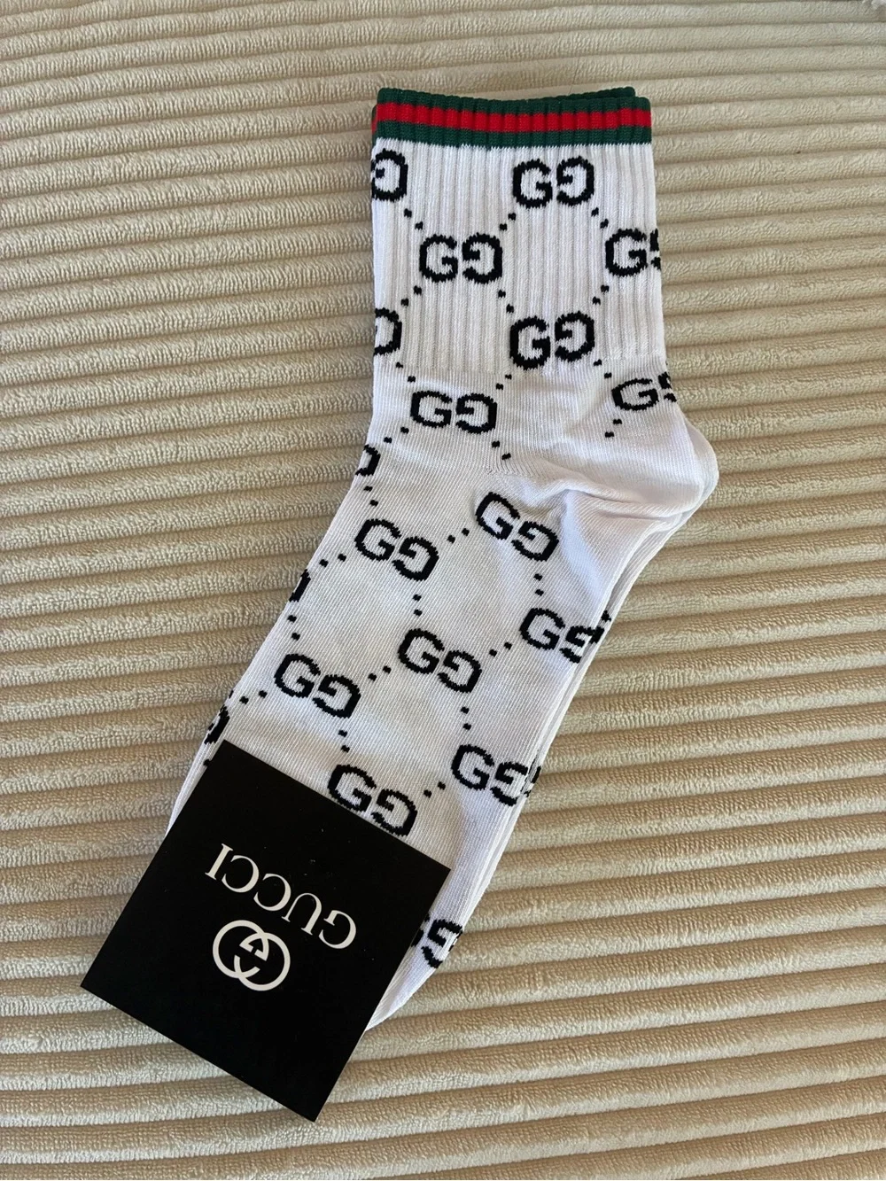 Gucci White Crew Socks with Black GG Monogram and Green-Red Stripe